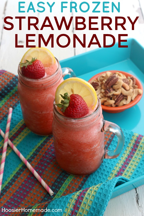 FROZEN STRAWBERRY LEMONADE -- Cool - Refreshing - and SUPER easy to make! AND it has LOW sugar! Perfect for sipping on the deck, porch or at the beach! 