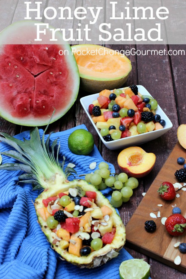 Honey Lime Fruit Salad - Filled with lots of variety of fresh fruit – watermelon, cantaloupe, pineapple, kiwi, strawberries, blueberries, and more with a fresh lime and honey dressing and sprinkled with almonds, it’s sure to be a hit at your house too!