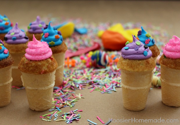 Mini Funfetti Birthday Cupcake Cones :: Recipe on HoosierHomemade.com