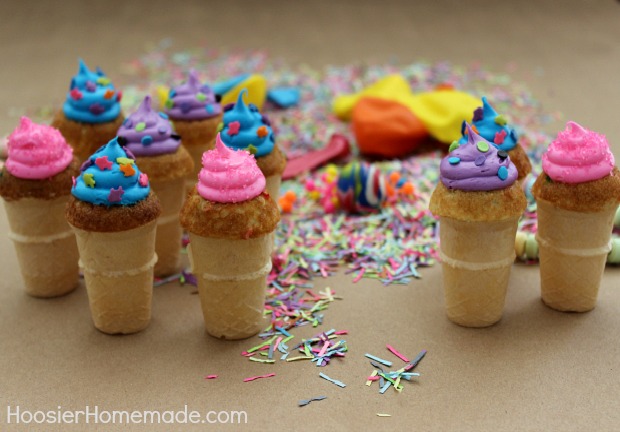 Mini Funfetti Birthday Cupcake Cones :: Recipe on HoosierHomemade.com