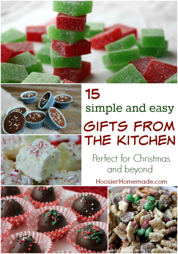 Need a simple and easy treat to make for Christmas? Well, look no further, here are 15 Gifts from the Kitchen that go together in minutes! Pin to your Recipe Board!