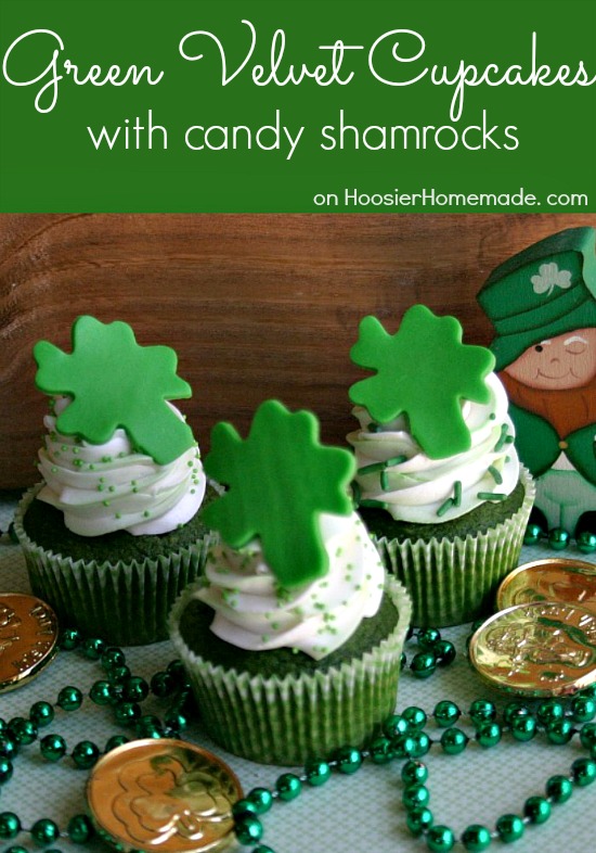 Green Velvet Cupcakes with Candy Shamrocks | Recipe on HoosierHomemade.com