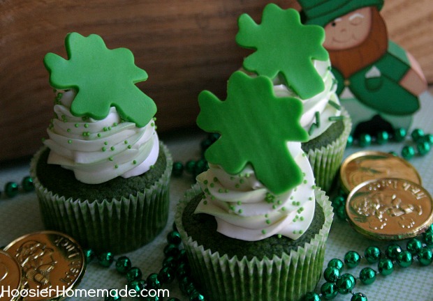 Green Velvet Cupcakes with Candy Shamrocks | Recipe on HoosierHomemade.com