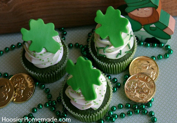 Green Velvet Cupcakes with Candy Shamrocks | Recipe on HoosierHomemade.com