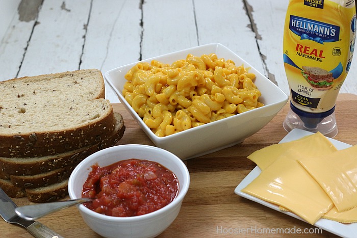 GRILLED MACARONI AND CHEESE FIESTA SANDWICH -- Take your ordinary grilled cheese up a notch! Add macaroni and cheese, salsa and a special ingredient to send it over the top! 