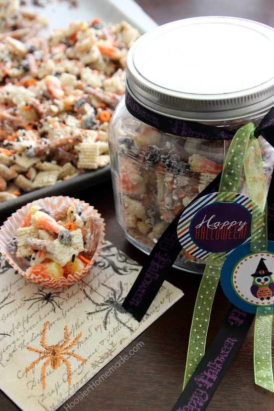 Whip up this fun Halloween Treat in about 15 minutes! Kids and adults will love this Candy Corn Party Mix! Pin it to your Halloween Board! 