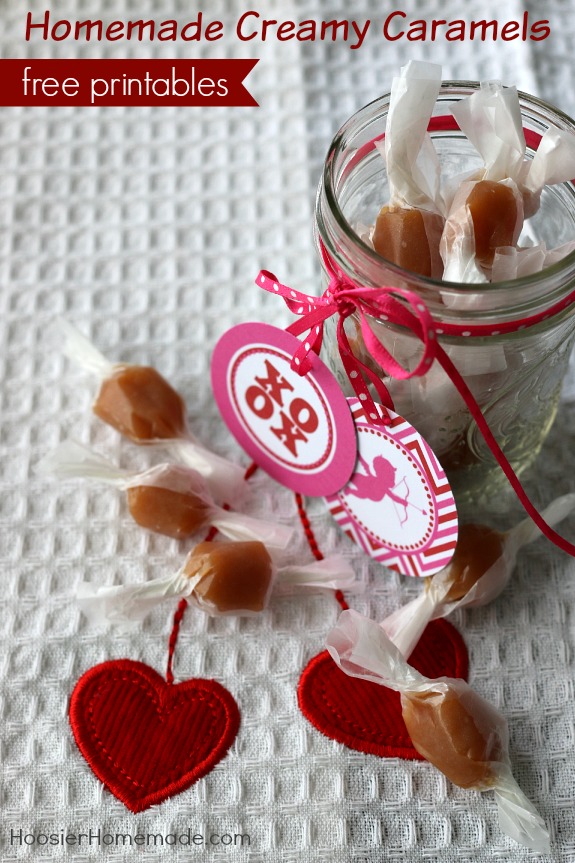 These Homemade Creamy Caramels are soft, creamy and make the perfect Valentine's Day treat! FREE Printable Valentine's Day Tags too! Pin to your Valentine's Day Board!