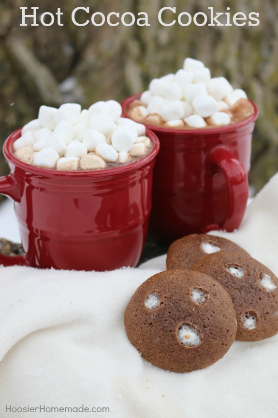 Hot Cocoa Cookies - soft chocolate cookies topped with marshmallows go perfectly with a mug of hot cocoa! Pin to your Recipe Board!