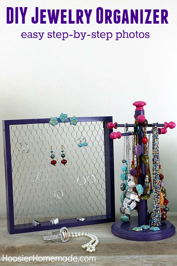 Get those necklaces, bracelets and earrings off your dresser and organized once and for all! This easy DIY Jewelry Organizer will solve your problems and help you find what you are looking for! There are step-by-step photos to follow along with! Click on the Photo for Instructions!