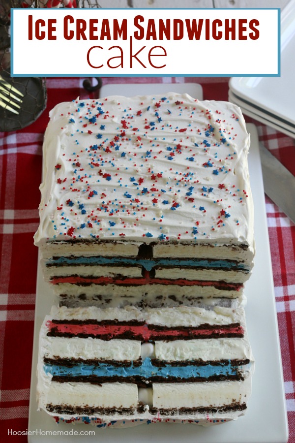 Ice Cream Sandwiches Cake -- this fun red, white and blue ice cream sandwiches cake is super easy and really fun for your 4th of July Celebrations! Just 4 simple ingredients and you have a show-stopping dessert! 