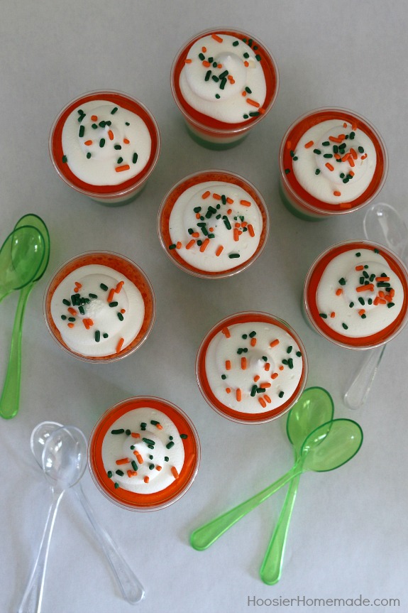 Irish Jello Shots - this fun St. Patrick's Day Treat can be made with or without alcohol. A little goes a long way in making these Jello Shots in colors of the Ireland Flag. Pin to your Recipe Board!