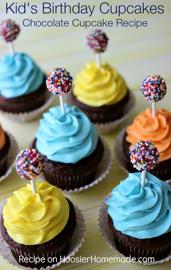 CHOCOLATE CUPCAKE RECIPE -- These FUN cupcakes are the perfect Kid's Birthday Cupcakes - they are even great for kids of ALL ages! The Dum Dum Sucker topper is super easy to make! The cupcakes are moist and delicious!