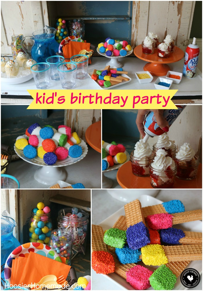 Put together this Easy Kid's Birthday Party in under 30 minutes! No Bake Treats, Marshmallows and Cookies with Sprinkles, Ice Cream, and lots of lots of Sprinkles! Learn how easy it is AND budget friendly! Be sure to pin to your Birthday Party Board to save it! 