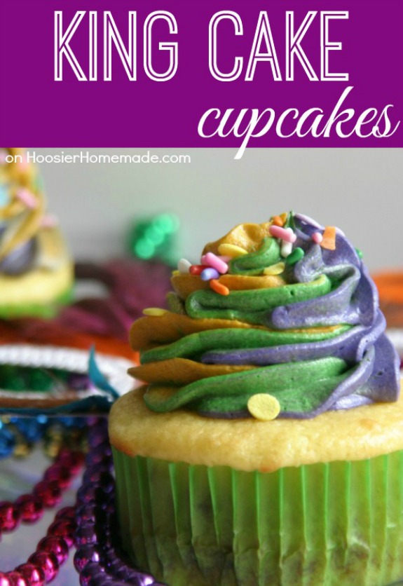 King Cake Cupcakes - Celebrate Mardi Gras with these easy to make cupcakes! Yellow cupcakes and layers of cinnamon and sugar and topped with Cinnamon Buttercream in bright Mardi Gras colors! Pin to your Recipe Board!