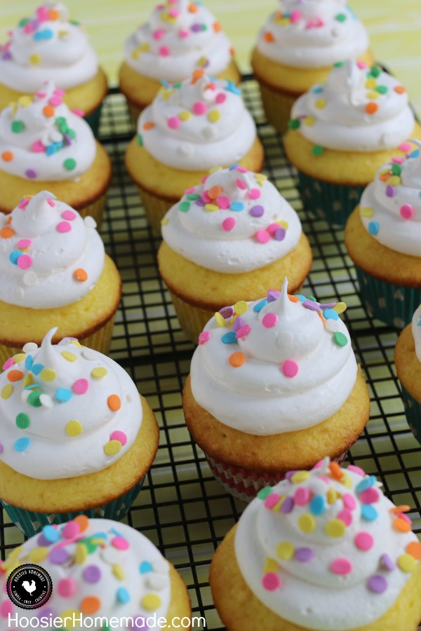 You will never know that these Lemon Cupcakes start with a box mix! There is a secret ingredient though! Oh and the marshmallow frosting? Just 2 ingredients! It's heavenly! 
