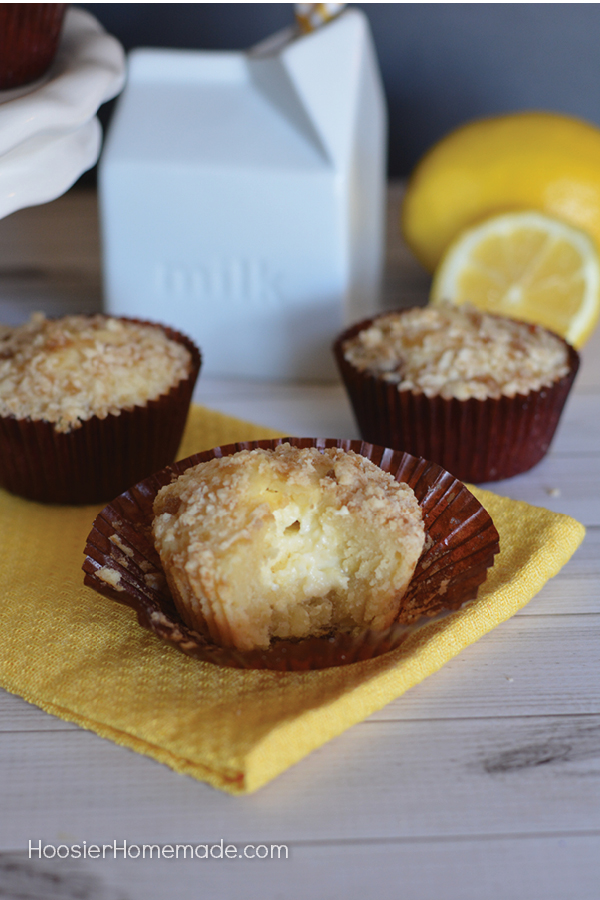 Lemon Cheesecake Muffins - these muffins are packed with flavor, but have less sugar! Serve for your Easter brunch, Spring party, weekend breakfast or pack in lunches! The Streusel Topping is delicious too!