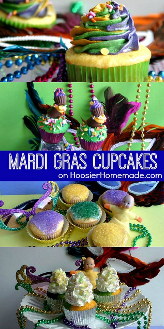 Celebrate Mardi Gras and Fat Tuesday with these Mardi Gras Cupcakes! Pin to your Recipe Board!