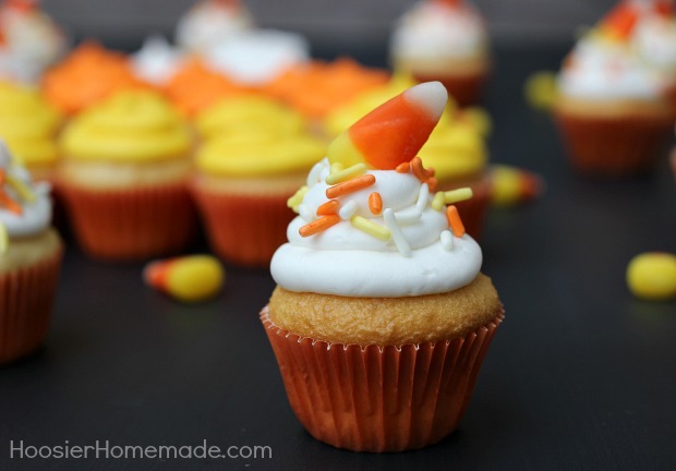 Mini Candy Corn Cupcakes :: Recipe on HoosierHomemade.com
