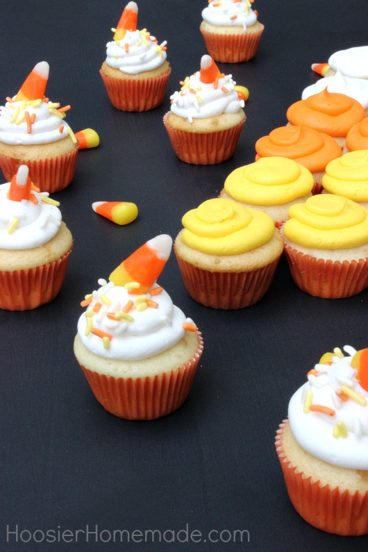 Mini Candy Corn Cupcakes :: Recipe on HoosierHomemade.com