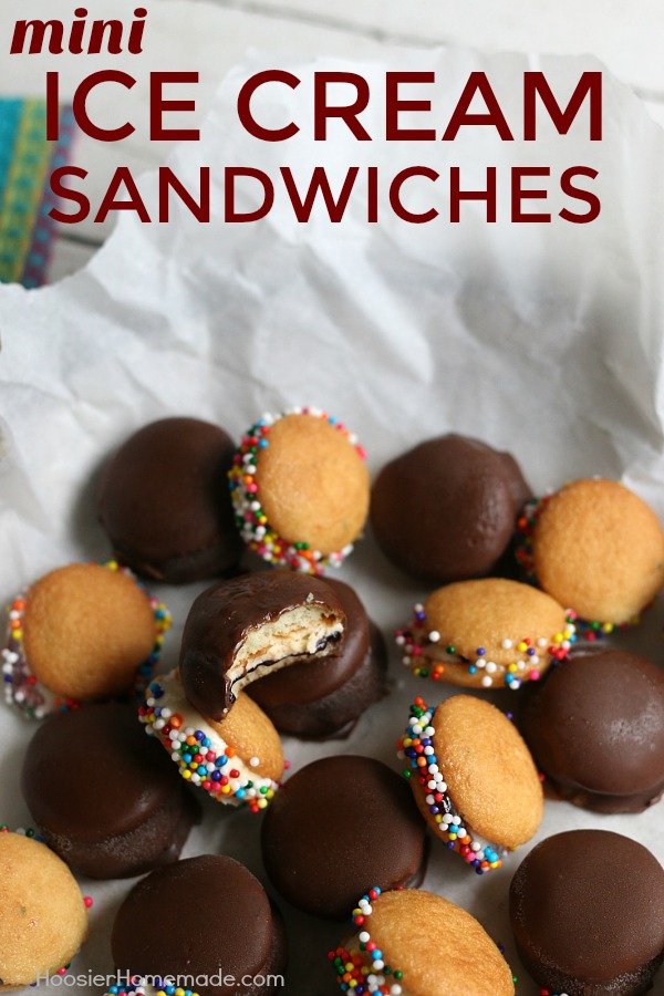 MINI ICE CREAM SANDWICHES -- These bite-size ice cream sandwiches can be put together in minutes! Kids of ALL ages will love them! Dip in chocolate coating, add sprinkles or leave plain! 