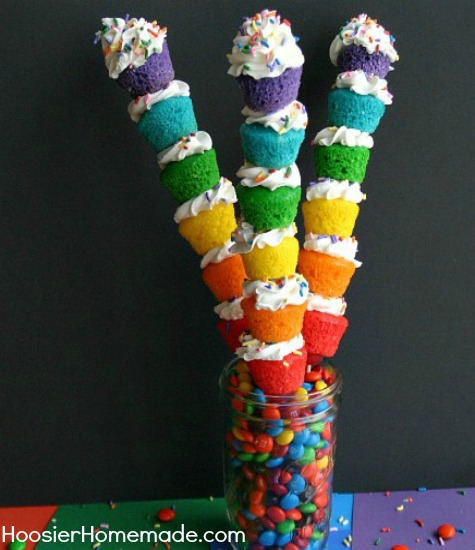 Mini Rainbow Cupcakes on a stick :: Recipe on HoosierHomemade.com