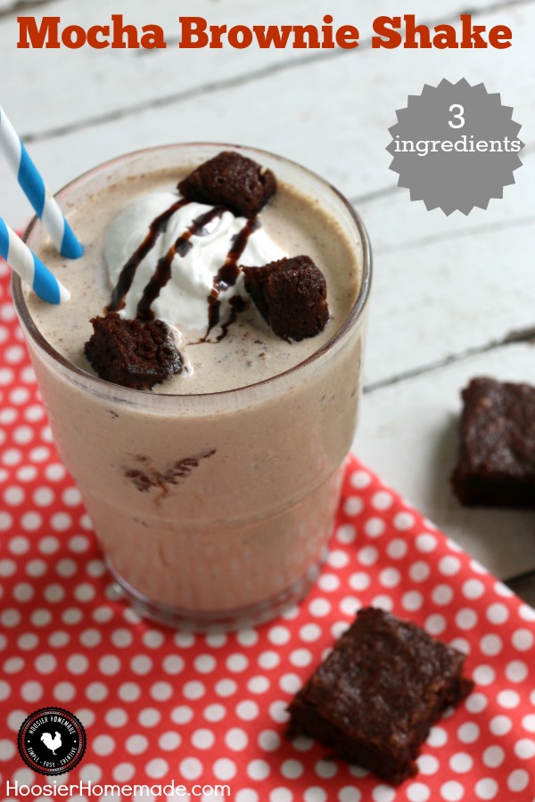 Mocha Brownie Shake - luscious, refreshing shake made with Mocha Iced Coffee, Ice Cream and Brownies - YUM! Top with a dollop of whipped topping, drizzle of chocolate syrup and a few brownie chunks and you have a delicious treat to enjoy at home! Be sure to save the recipe by pinning to your Recipe Board!