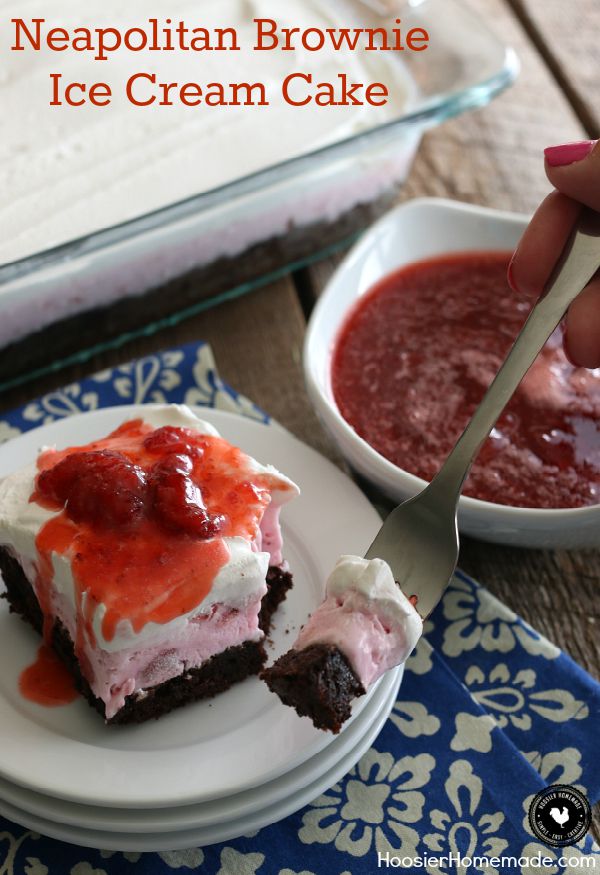 Layers of brownie, strawberry ice cream, whipped topping and topped with homemade fruit topping will put a smile on your face! This Neapolitan Brownie Ice Cream Cake is easy to make with just a few ingredients! Click on the Photo for the Recipe!