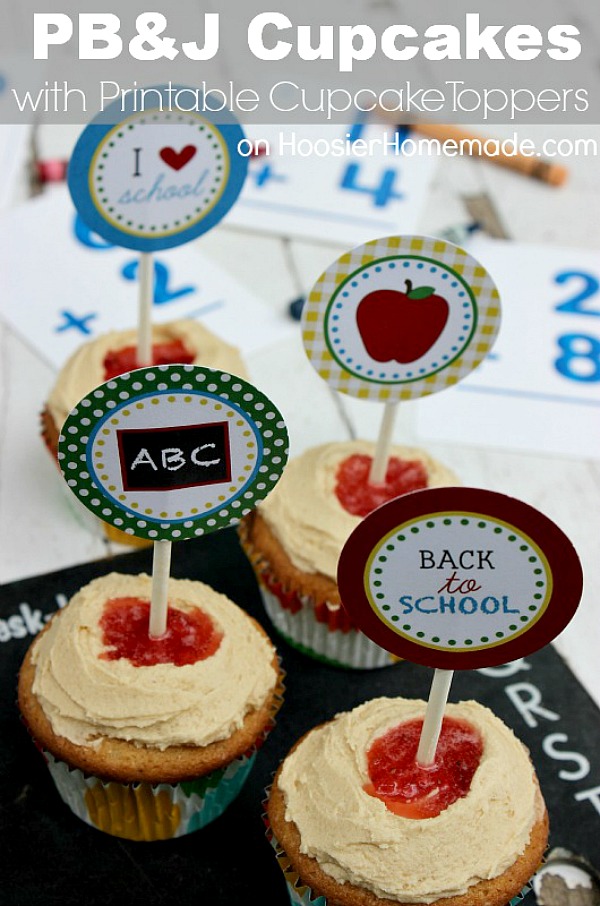 PEANUT BUTTER AND JELLY CUPCAKES -- Celebrate Back to School with these delicious cupcakes + FREE Printable Back to School Cupcake Toppers! OR use the printables for a fun Back to School Teacher Gift! 