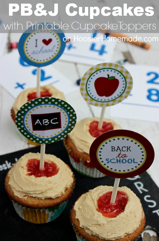 Peanut Butter & Jelly Cupcakes with Printable Cupcake Toppers :: Recipe + Toppers on HoosierHomemade.com