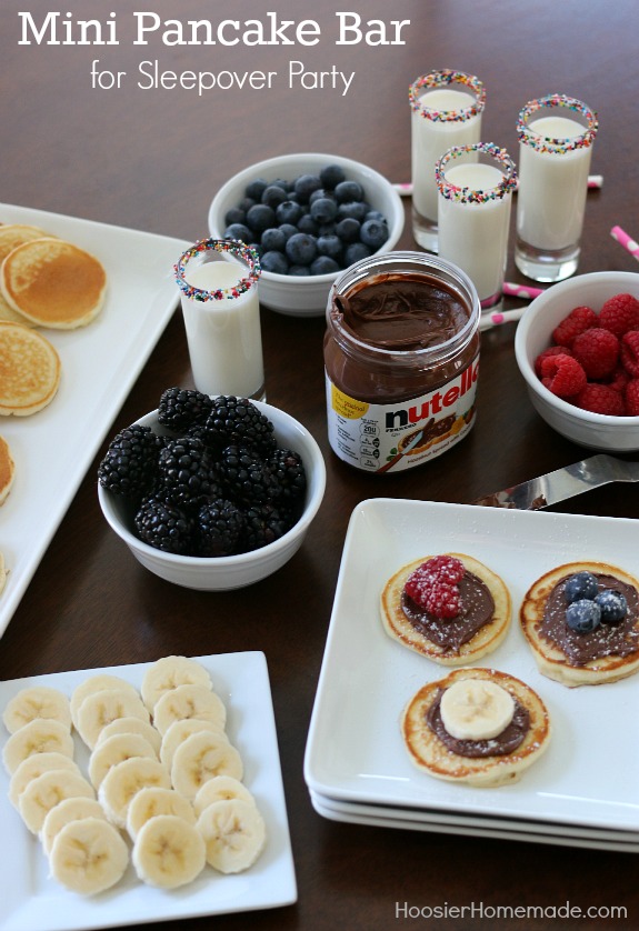 Create this fun and delicious Mini Pancake Bar - it's perfect for a Sleepover or Birthday Party! Even a fun weekend brunch! Pin to your Recipe Board!