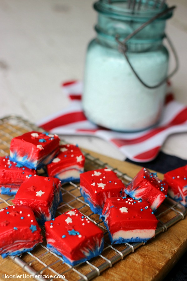 Whip up this Patriotic White Chocolate Fudge with simple ingredients in about 10 minutes and add a festive touch to your 4th of July Dessert.