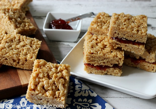 Peanut Butter and Jelly Krispie Treats | Recipe on HoosierHomemade.com