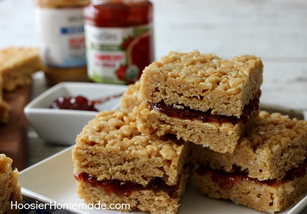 Peanut Butter and Jelly Krispie Treats | Recipe on HoosierHomemade.com
