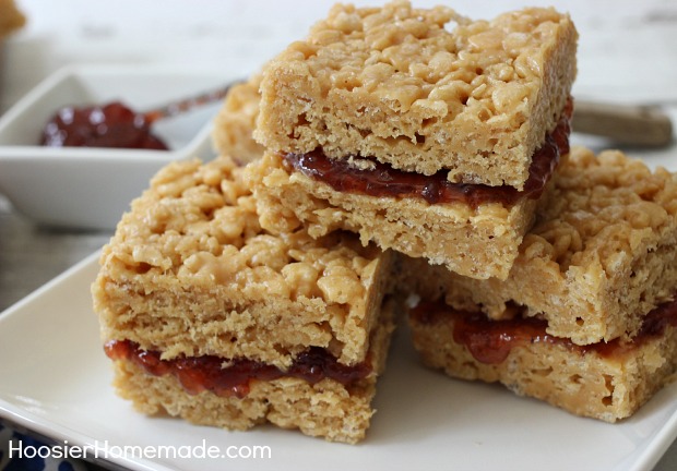 Peanut Butter and Jelly Krispie Treats | Recipe on HoosierHomemade.com