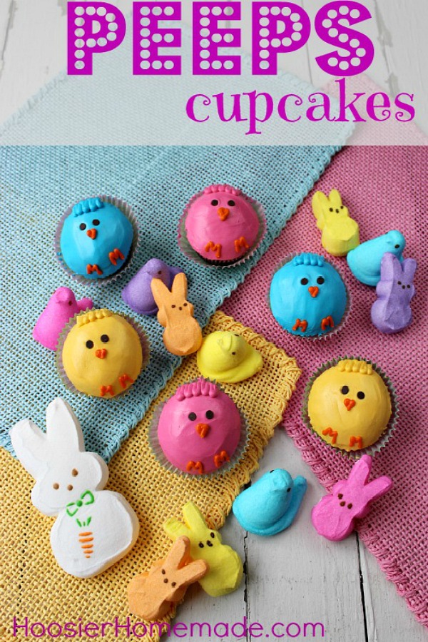 Easter Cupcakes - these darling Peeps Cupcakes are easy to decorate with just 2 ingredients! Pin to your Cupcake Board!