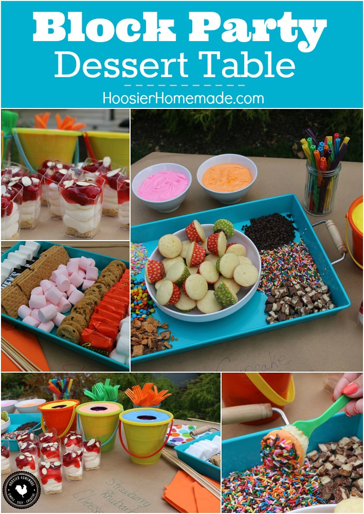 This Party Dessert Table is filled with fun for all ages! Cupcake Fondue, S'Mores Bar, No Bake Cheesecake and more! Be sure to save by pinning to your Party Board!
