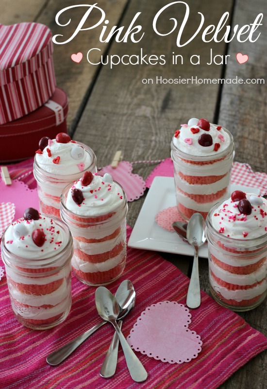 Change up your cupcakes a bit with these luscious Pink Velvet Cupcakes in a Jar! A fun way to serve them! Pin to your Recipe Board!