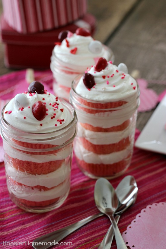 Change up your cupcakes a bit with these luscious Pink Velvet Cupcakes in a Jar! A fun way to serve them! Pin to your Recipe Board!