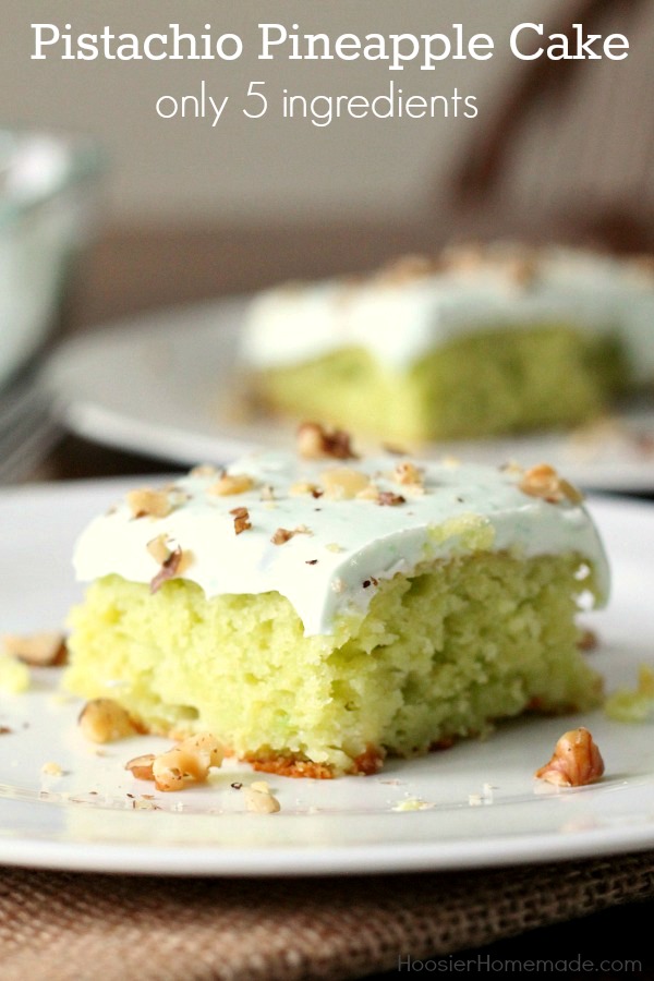 Pistachio Pineapple Cake - Quick, easy to make cake with ONLY 5 ingredients! A luscious frosting with only 3 ingredients! Pin to your Recipe Board!