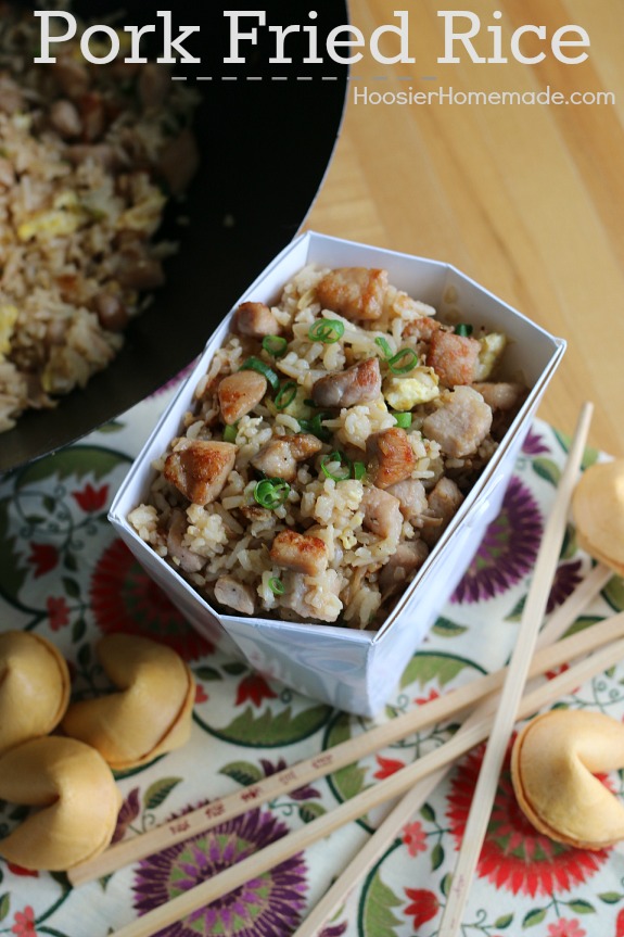 Skip take out and make your own Pork Fried Rice at home! It's simple, easy and delicious! Add some Fortune Cookies and you have a fun dinner! Pin to your Recipe Board!