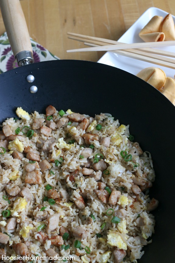 Skip take out and make your own Pork Fried Rice at home! It's simple, easy and delicious! Add some Fortune Cookies and you have a fun dinner! Pin to your Recipe Board!