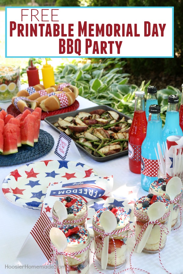 This Printable Memorial Day BBQ Party is FREE! It has Drink Wraps, Paper for Hot Dog Wraps, and Tented Cards to label your recipes! Grab them today! 