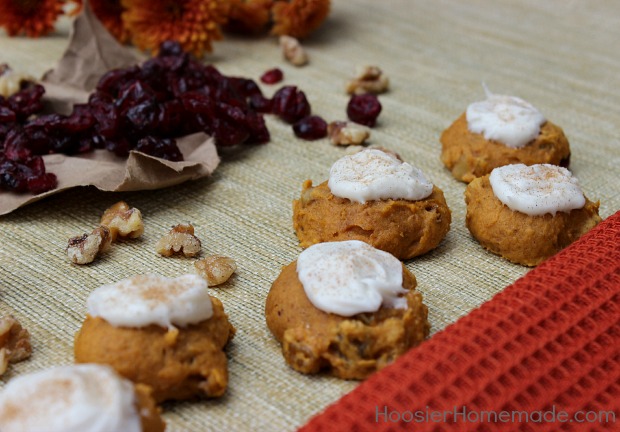 Pumpkin Cranberry Cookies with Maple Frosting :: Recipe on HoosierHomemade.com