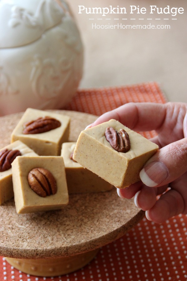 It's a match made in heaven! Pumpkin Pie + Fudge = the perfect holiday treat! This Pumpkin Pie Fudge melts in your mouth! Pin to your Holiday Recipe Board!