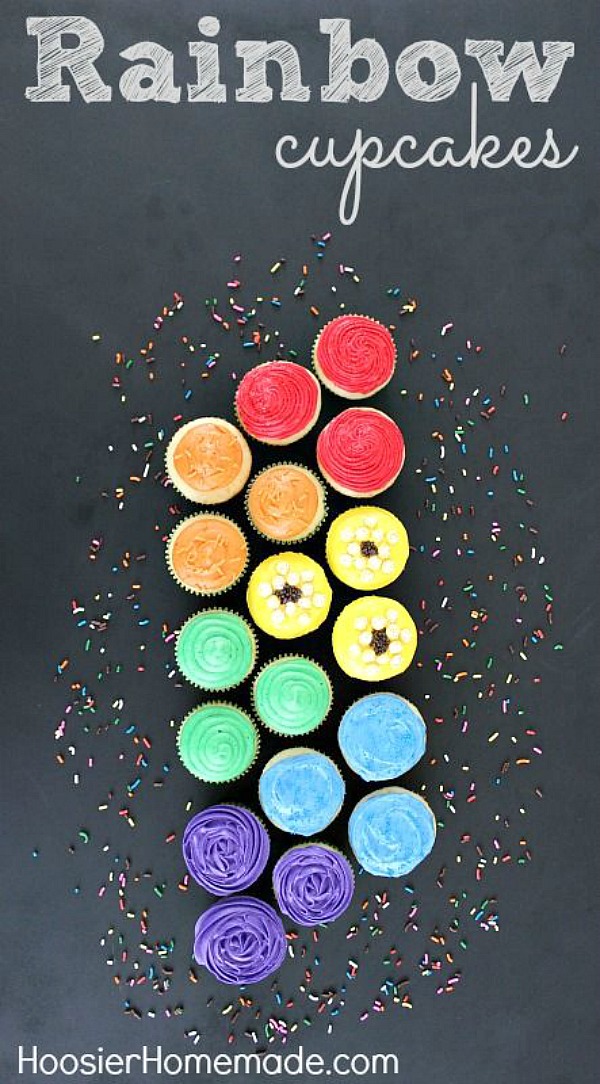 I LOVE these Rainbow Party Cupcakes! Use different techinigues to decorate each of the cupcakes with Red, Orange, Yellow, Green, Blue and Purple! Perfect for St. Patrick's Day Cupcakes or Birthday Party! 