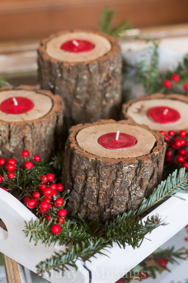 Make these Rustic Wood Candle Holders! Gorgeous on your coffee table, buffet or give them as a gift! Visit our 100 Days of Homemade Holiday Inspiration for more recipes, decorating ideas, crafts, homemade gift ideas and much more!