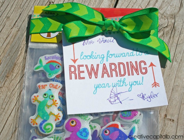 Simple Teacher Gift for back to school- printable tag to tie on some cute reward stickers!