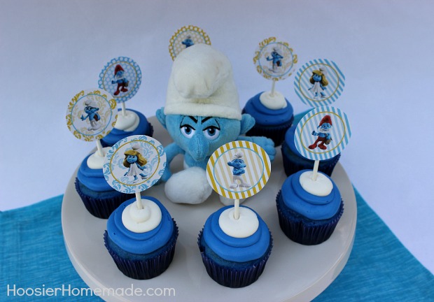 Smurfs Cupcakes with cute Cupcake Toppers:: Recipe on HoosierHomemade.com