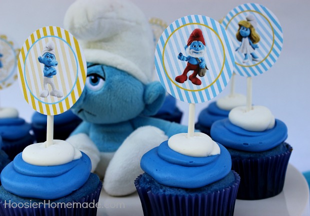 Smurfs Cupcakes with cute Cupcake Toppers:: Recipe on HoosierHomemade.com