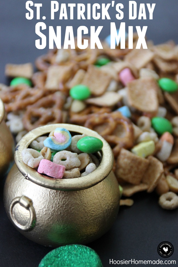This Snack Mix for St. Patrick's Day makes the perfect little gift! Add a FREE St. Patrick's Day Printable Tag! Simple ingredients for this fun snack that kids of all ages will love!